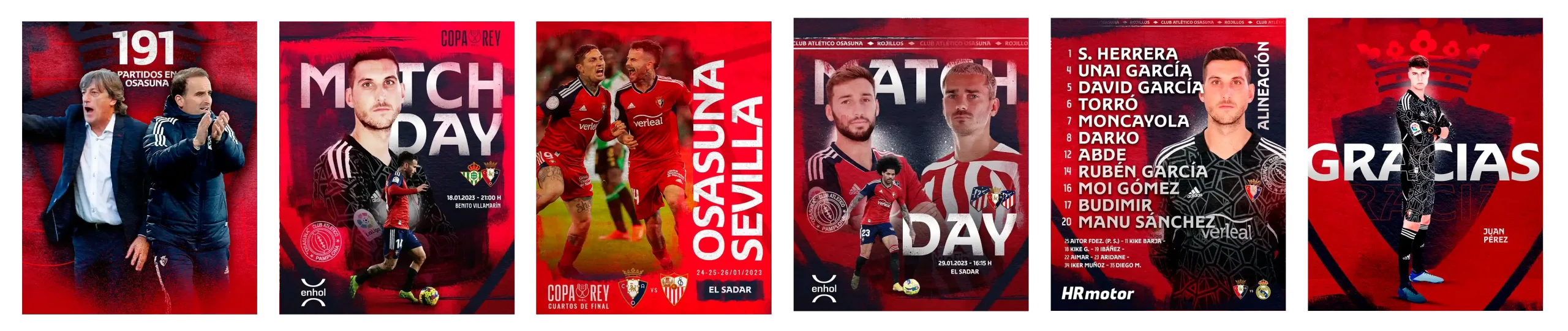 galerí de imágenes con piezas comunicativas para redes sociales formadas por imágenes de futbolistas y titulares con diseño de tipografía a medida para CA Osasuna