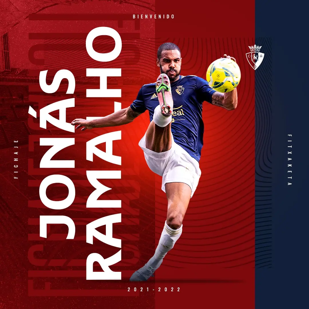 Ejemplo de presentación de fichaje con futbolista Jonás Ramalho. Imagen del futbolista y su nombre en la nueva tipografía a medida para el CA Osasuna