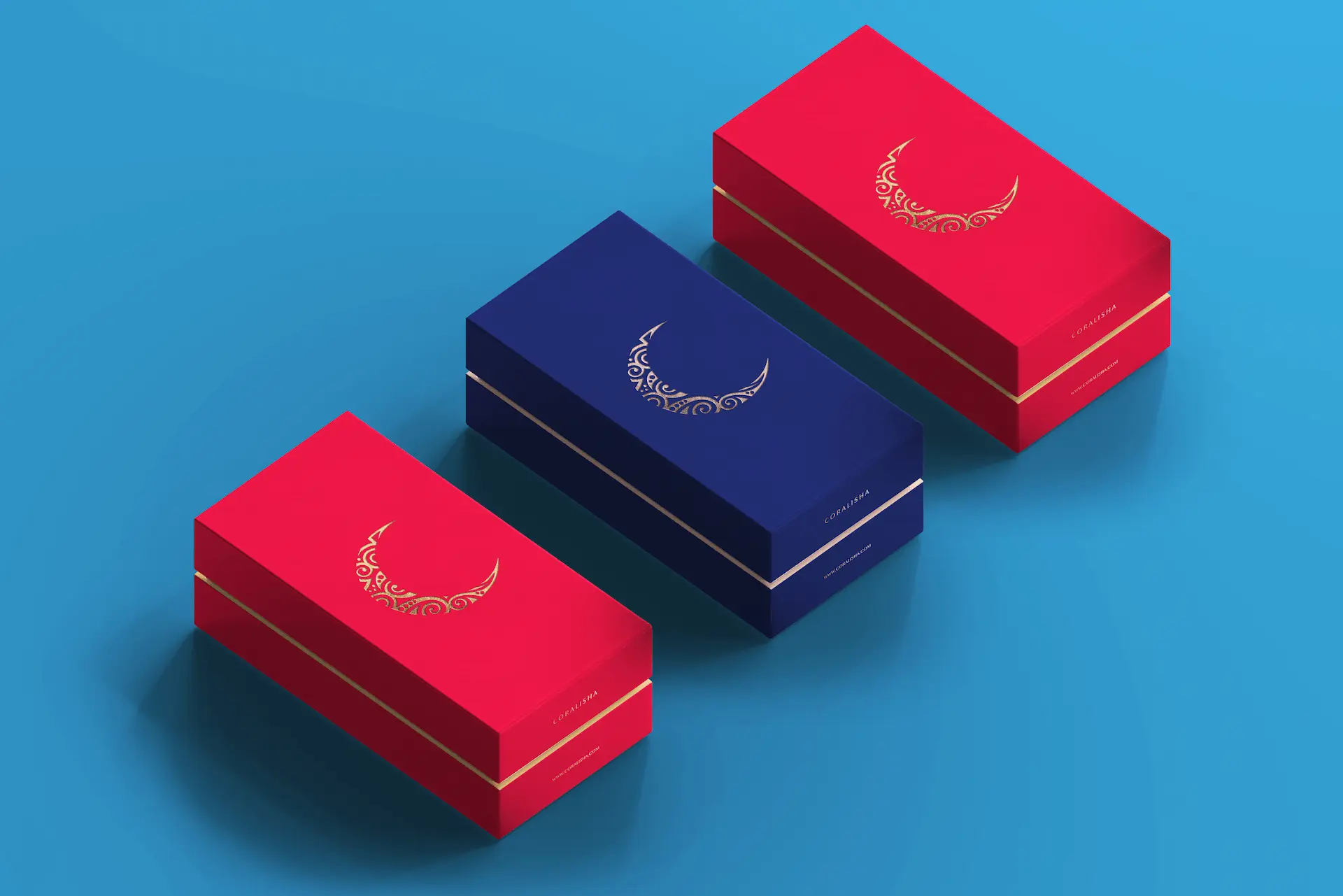 cajas corporativas rectangulares con logotipo en stamping dorado colores azul y rojo sobre fondo azul de Coralisha