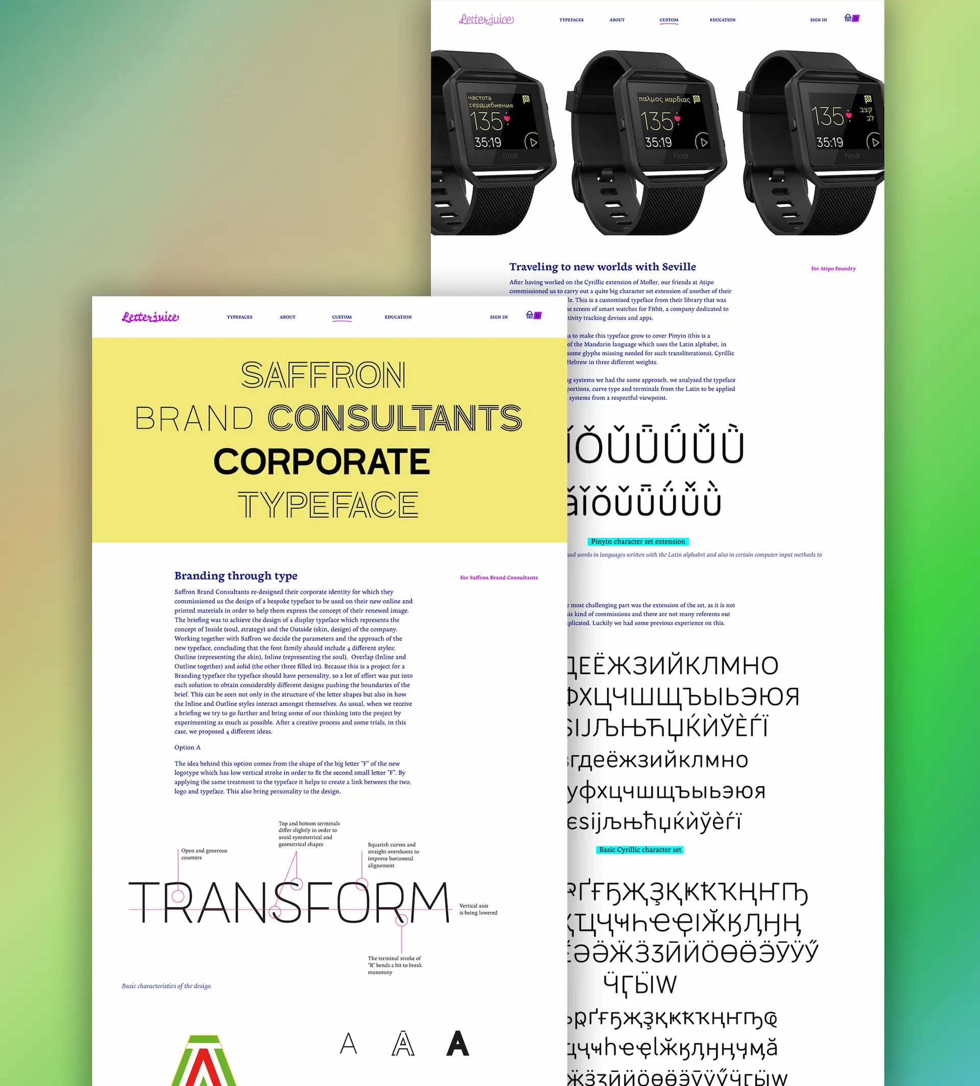 Dos ejemplos de diseño vertical en la interfaz de la web de Letterjuice