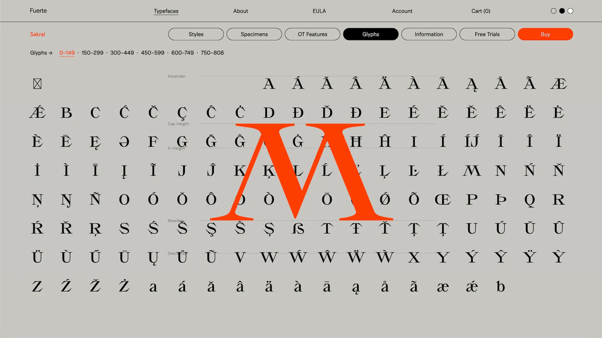 Detalle de visualización de set de caracteres tipográficos en la web de Fuertetype foundry