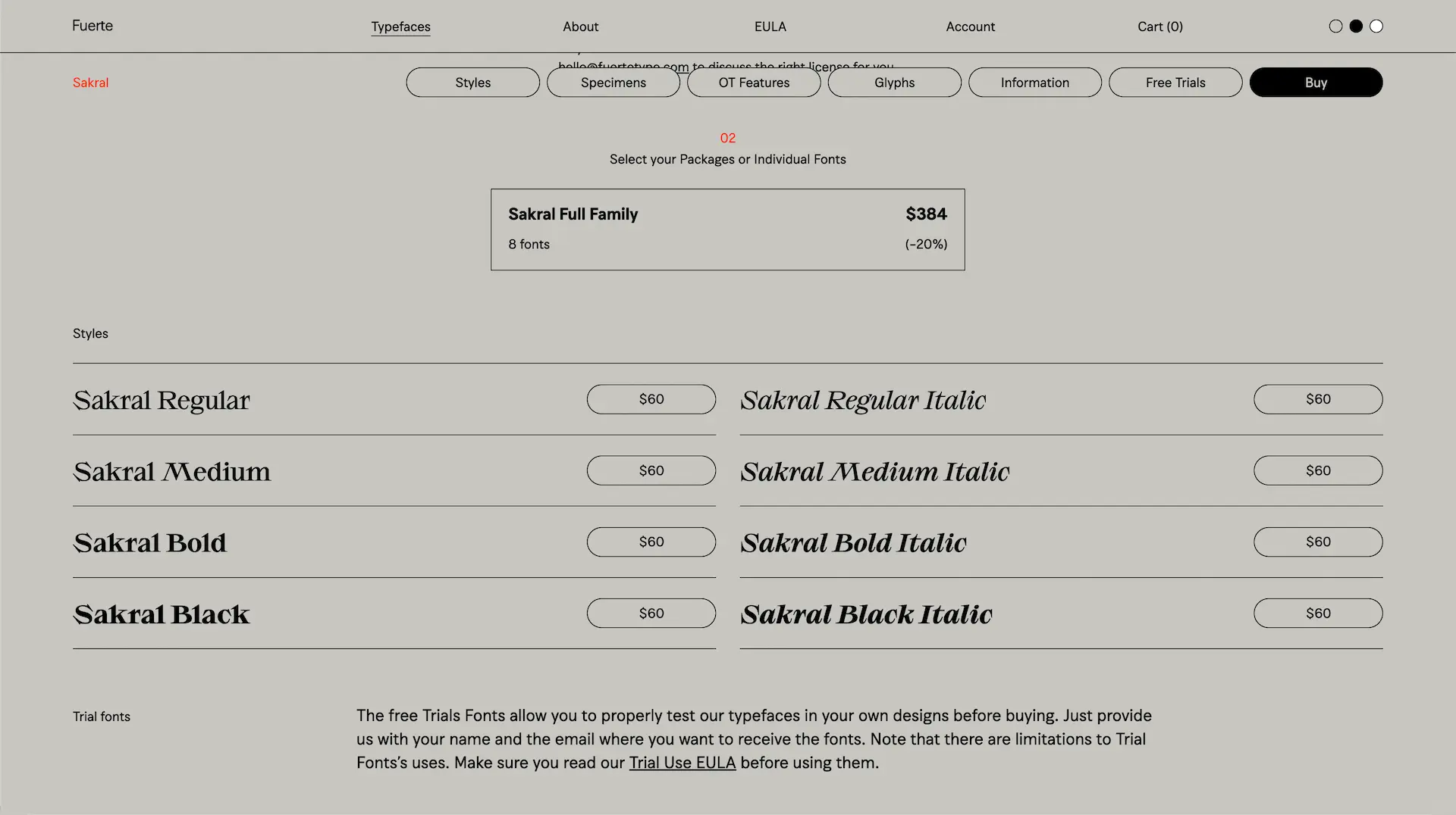 Detalle de visualización de precios y licencias en la web de Fuertetype foundry