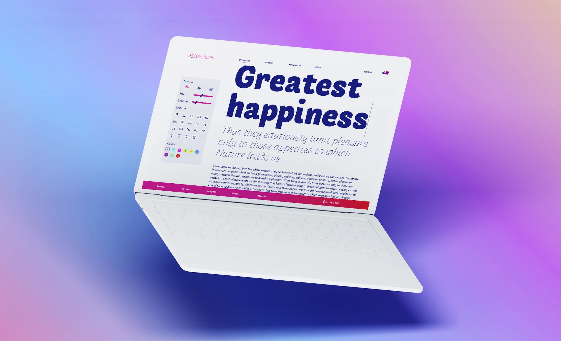Imagen de un portátil con una página de especimen tipográfico en la web de Letterjuice