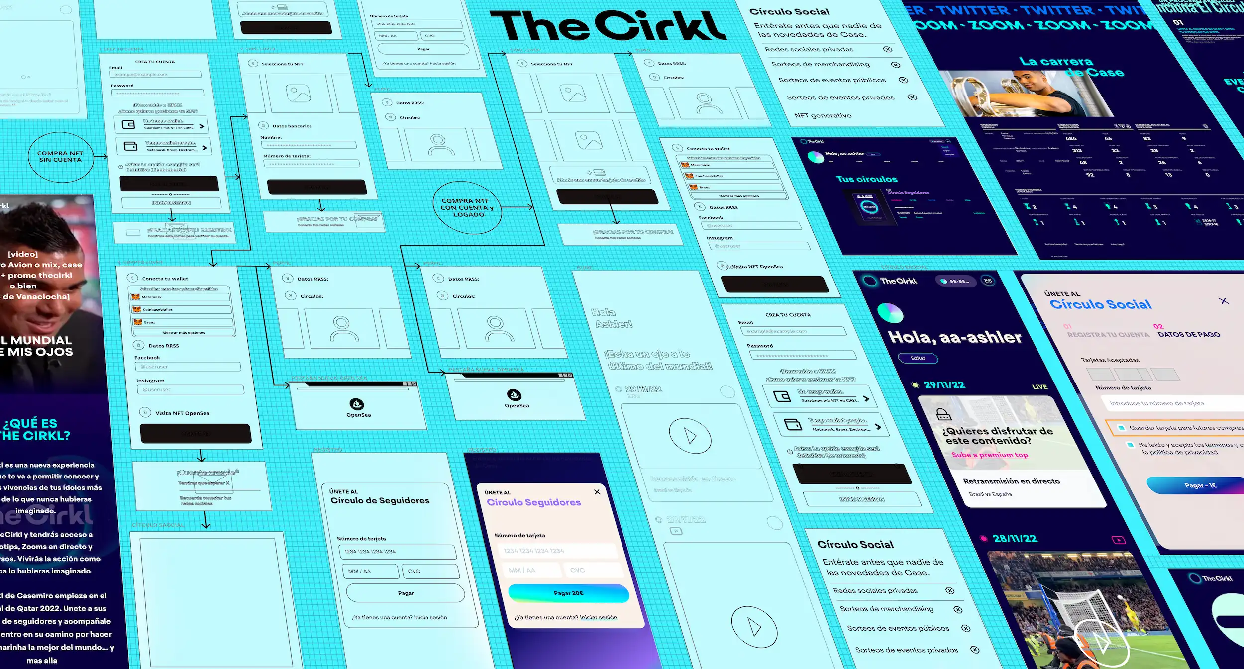 Imagen mosaico con diferentes pantallas del diseño de interfaz de la web de The Cirkle en dispositivo móvil