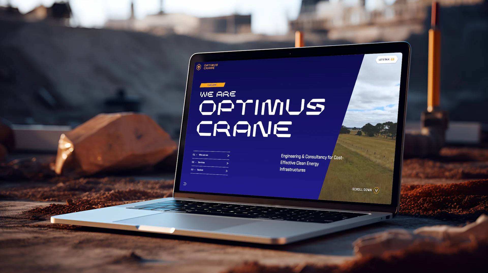 Imagen de portátil sobre una mesa con imagen de inicio de web de Optimus Crane en pantalla